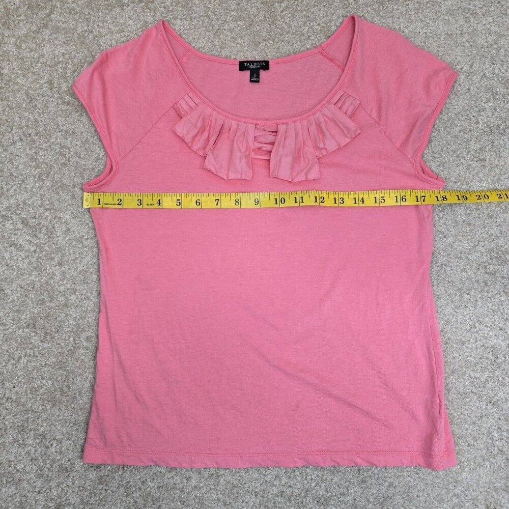 Talbots Women's Small Blouse Pleated Tiered Neckline Short Sleeve Pink Stretch - Picture 6 of 7